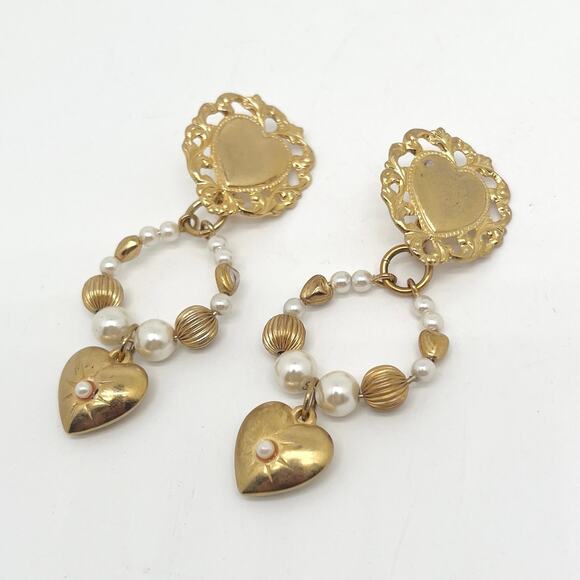 Vintage Gold Tone Clip On Heart Earrings With Detachable Beaded Dangle Heart - Picture 1 of 5